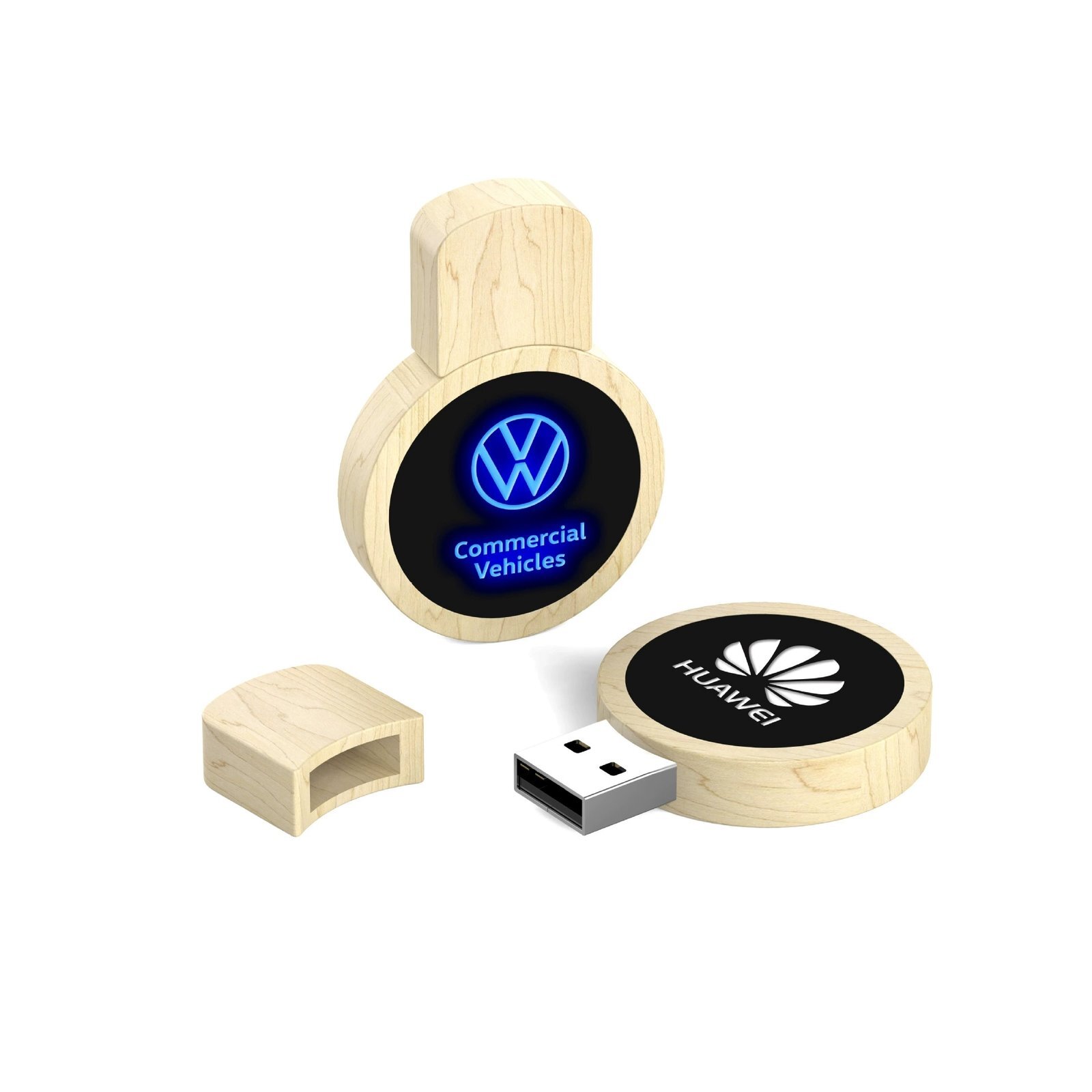 Memoria USB redonda de madera iluminada